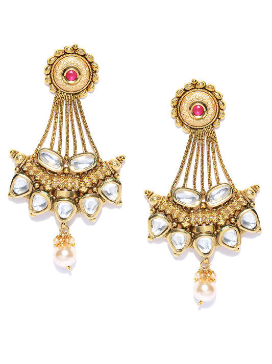 Gold-Toned & Off-White Gold-Plated Kundan-Studded Handcrafted Classic Drop Earrings