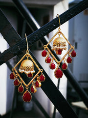 Gold Plated Red Geometric Drop Earrings