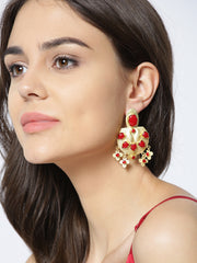 Gold-Toned & Maroon Gold-Plated Stone-Studded Handcrafted Classic Drop Earrings