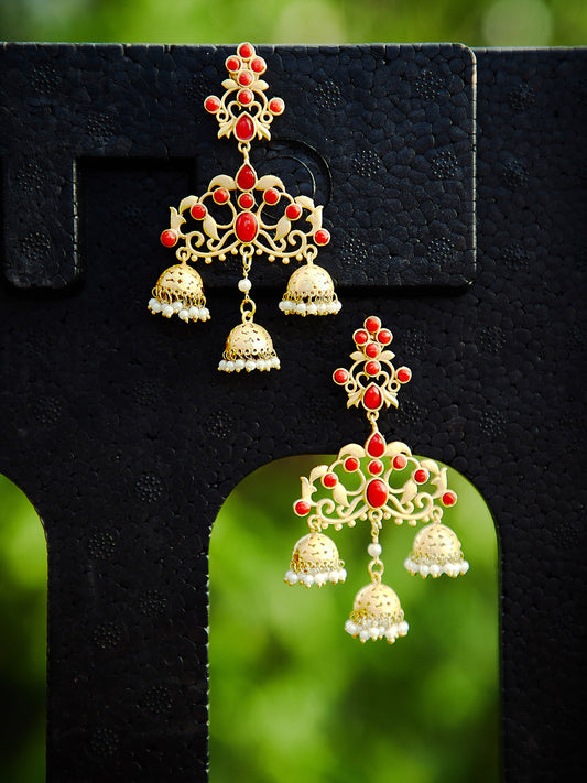 Red & Off-White Gold-Plated Handcrafted Classic Drop Earrings