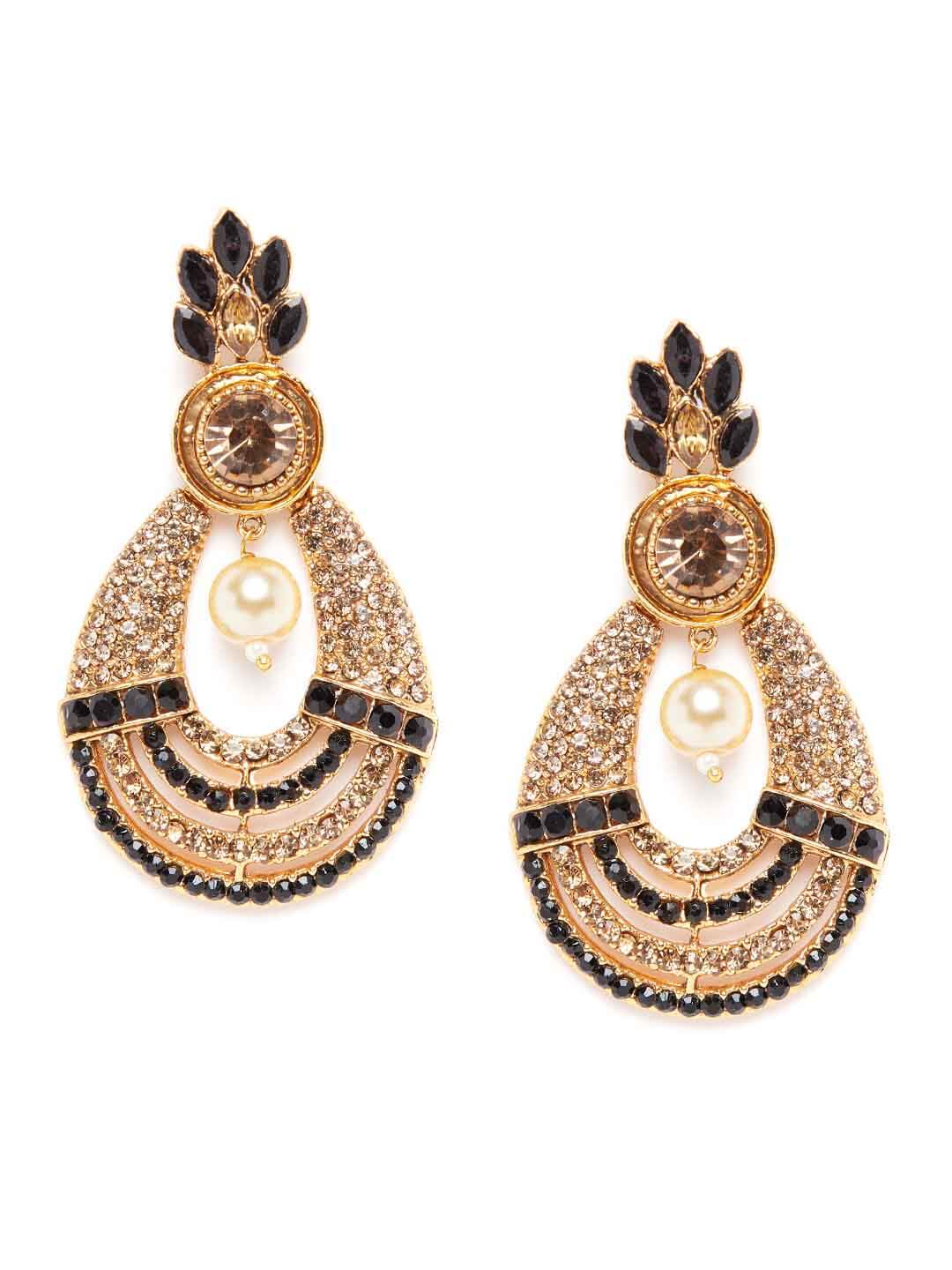 Women Gold-Toned & Green Crescent Shaped Studded Drop Earrings