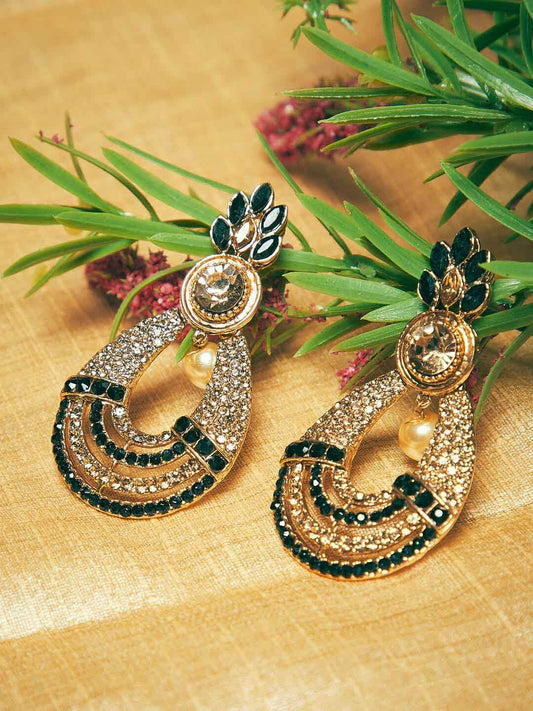 Women Gold-Toned & Green Crescent Shaped Studded Drop Earrings