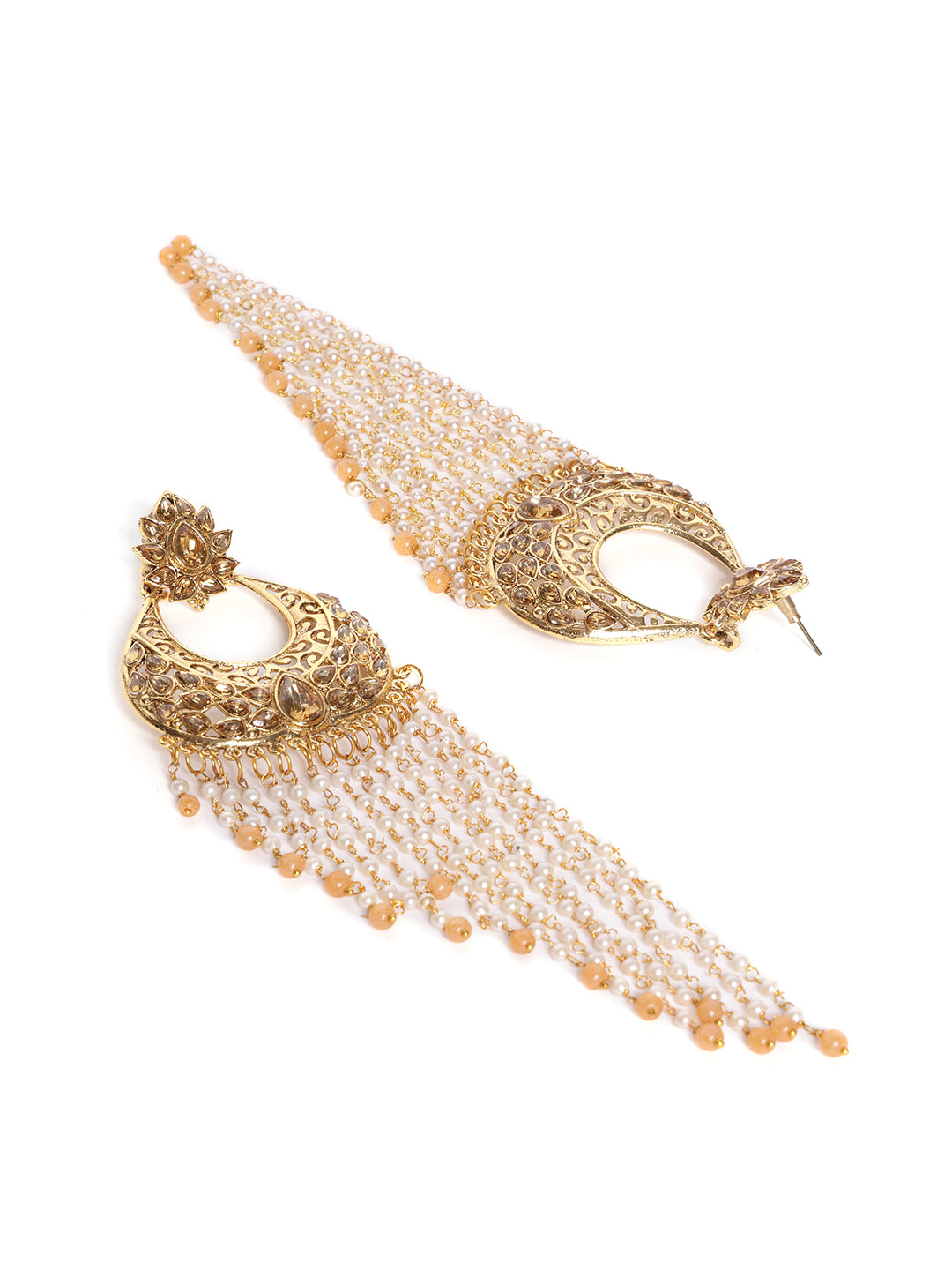 Peach-Coloured Gold Plated Handcrafted Crescent Shaped Chandbalis