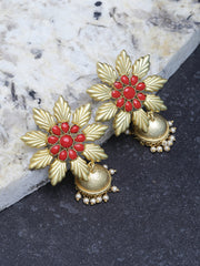 Gold-Plated & Red Handcrafted CZ Studded Contemporary Jhumkas