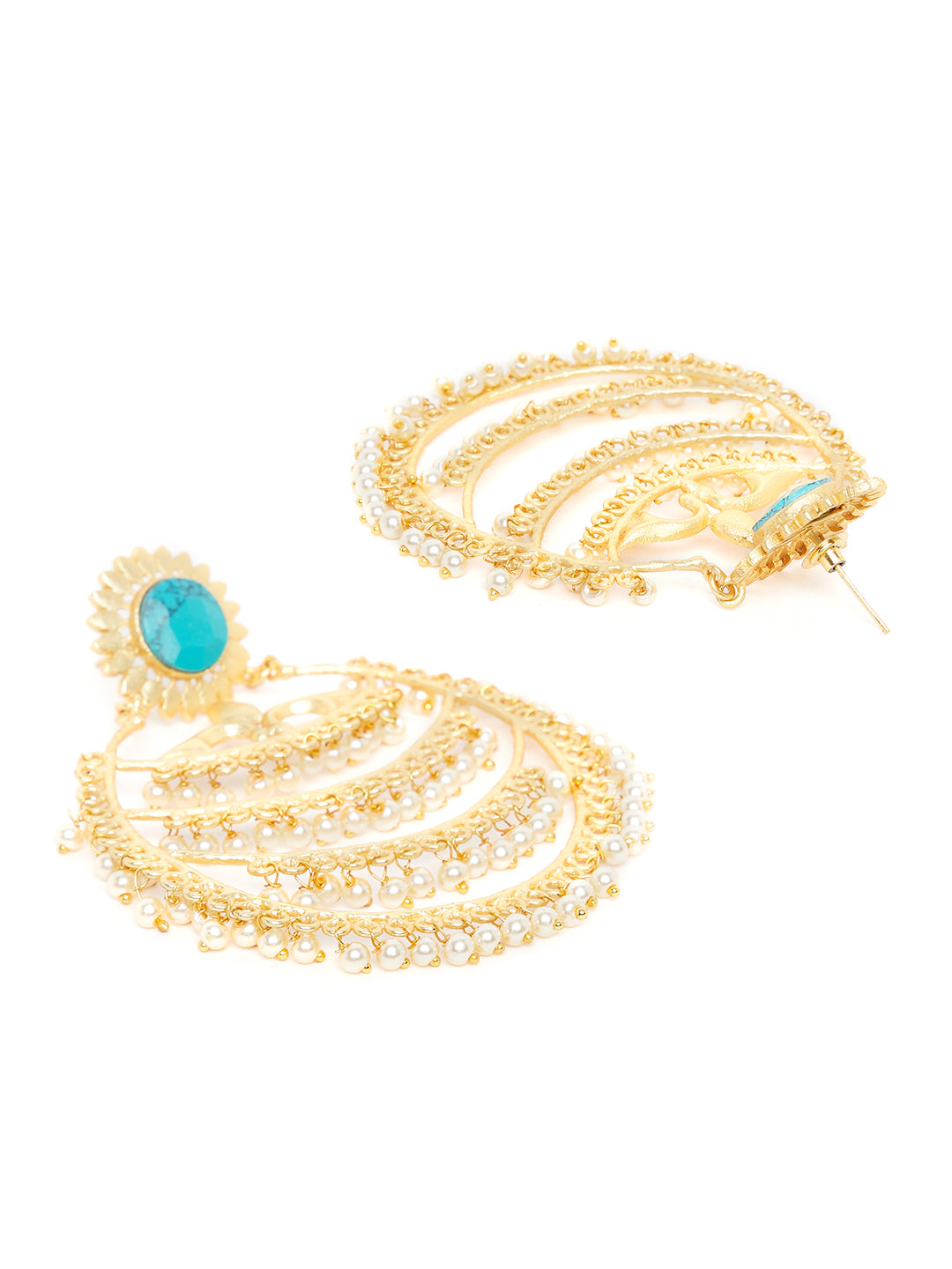 Gold-Toned & Turquoise Blue Crescent Shaped Gold-Plated & Handcrafted Chandbalis