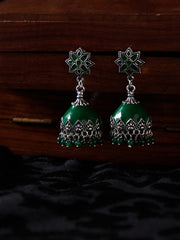 Silver-Toned & Green Dome Shaped Jhumkas