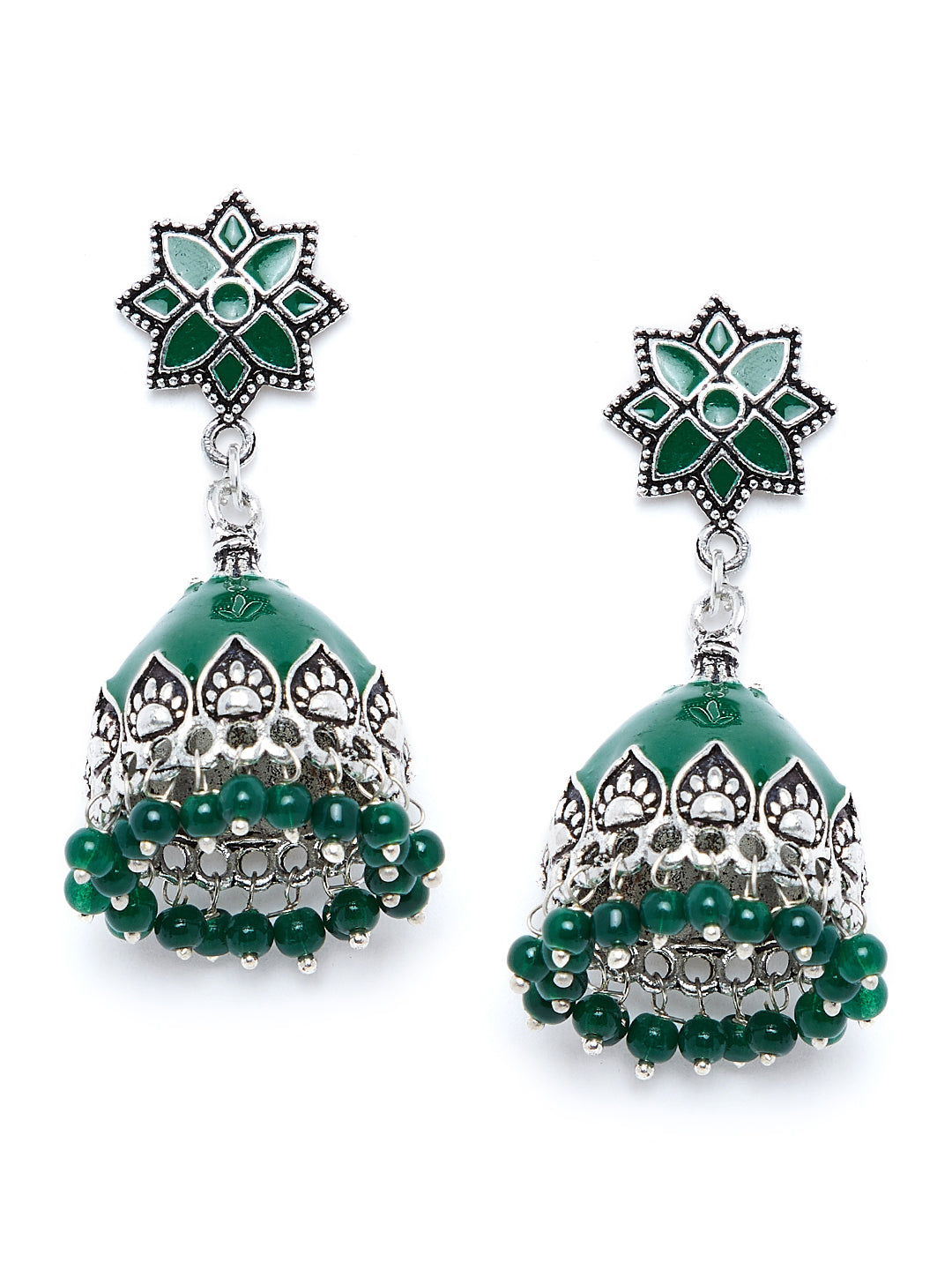 Silver-Toned & Green Dome Shaped Jhumkas