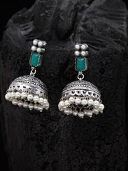 Silver-Plated & Green Oxidised Jhumkas