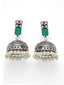 Silver-Plated & Green Oxidised Jhumkas