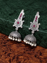 Pink Silver-Plated Oxidized Dome Shaped Jhumkas