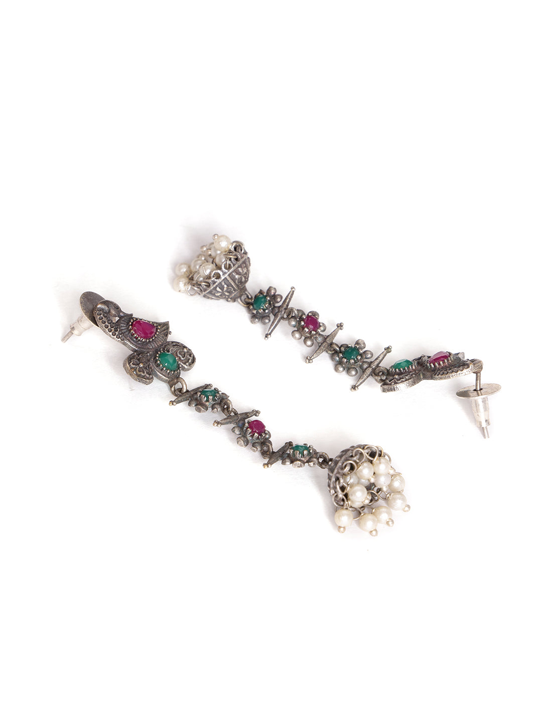 Silver-Plated Peacock Shaped Jhumkas Earrings