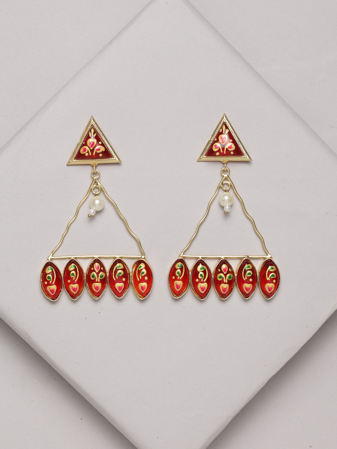 Women Gold-Toned Red Geometric Drop Earrings