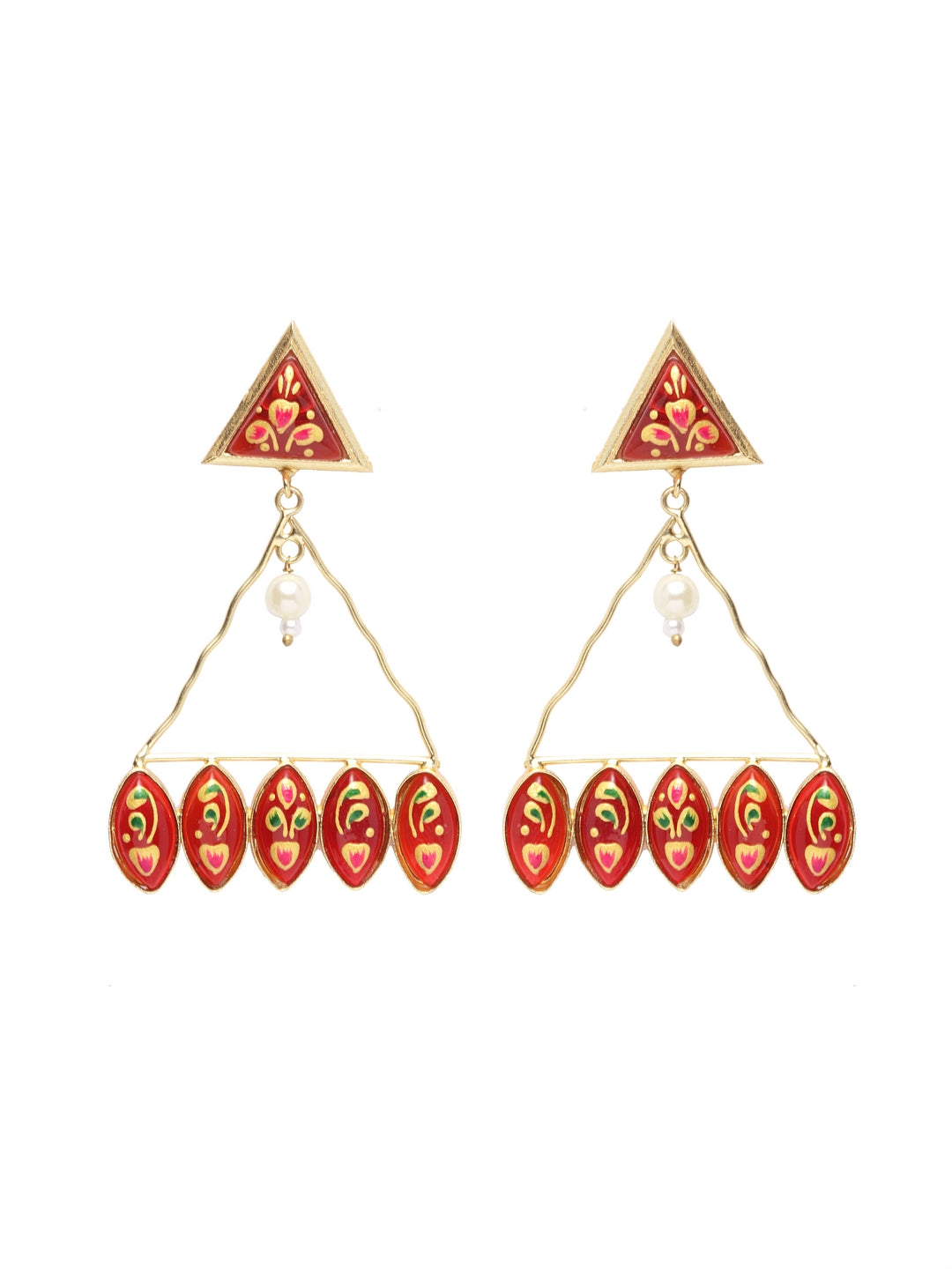 Women Gold-Toned Red Geometric Drop Earrings