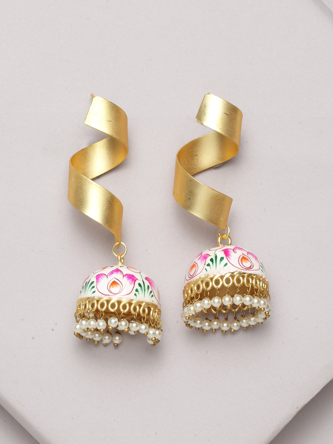 Gold-Plated Dome Shaped Handpainted Jhumkas Earrings