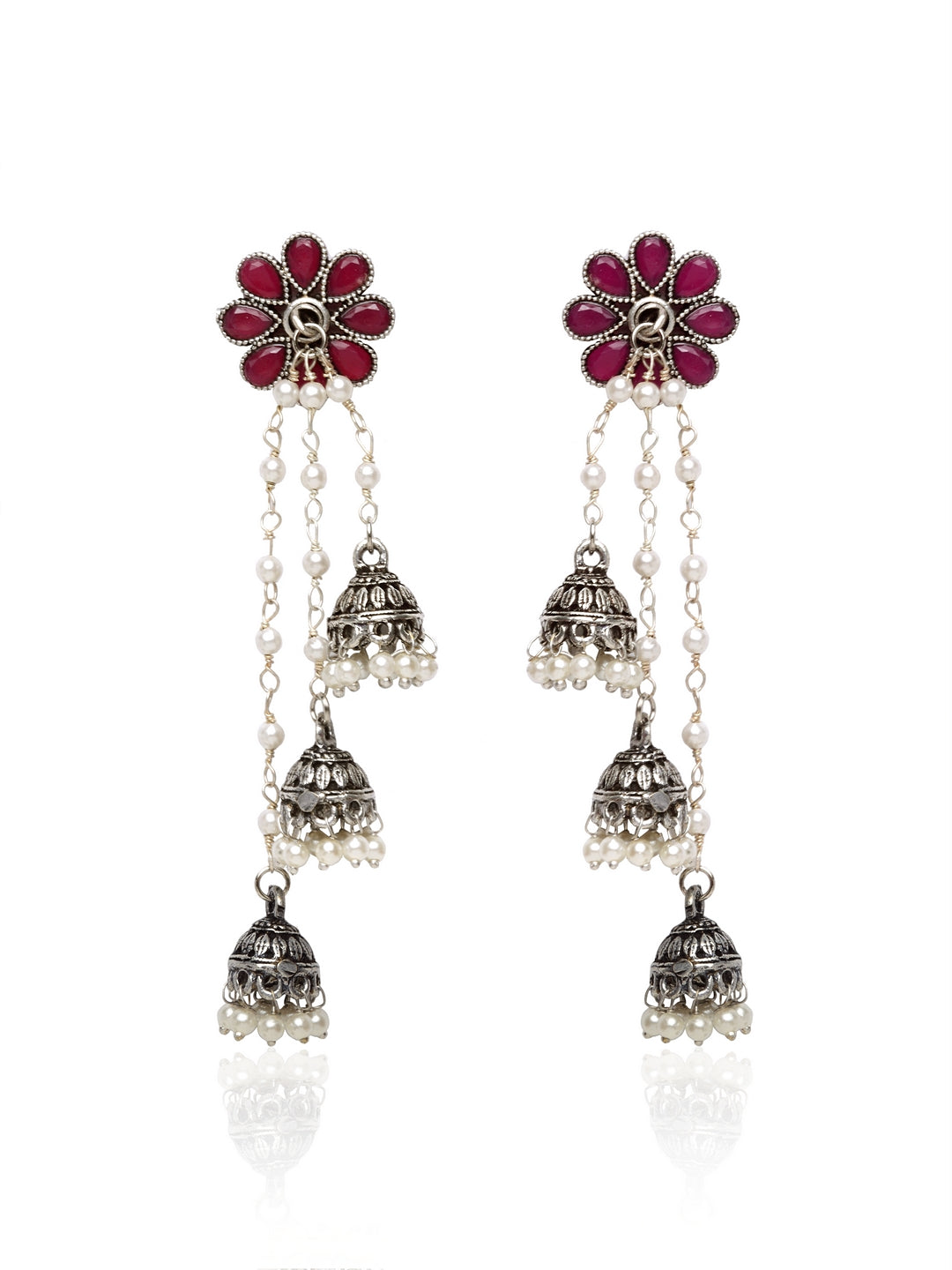 PANASH Silver_Plated & Maroon Contemporary Drop Earrings