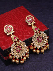 Women Gold-Plated & Red Circular Drop Earrings