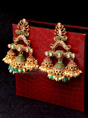 Woman Gold-Toned Green Dome Shaped Jhumkas Earrings