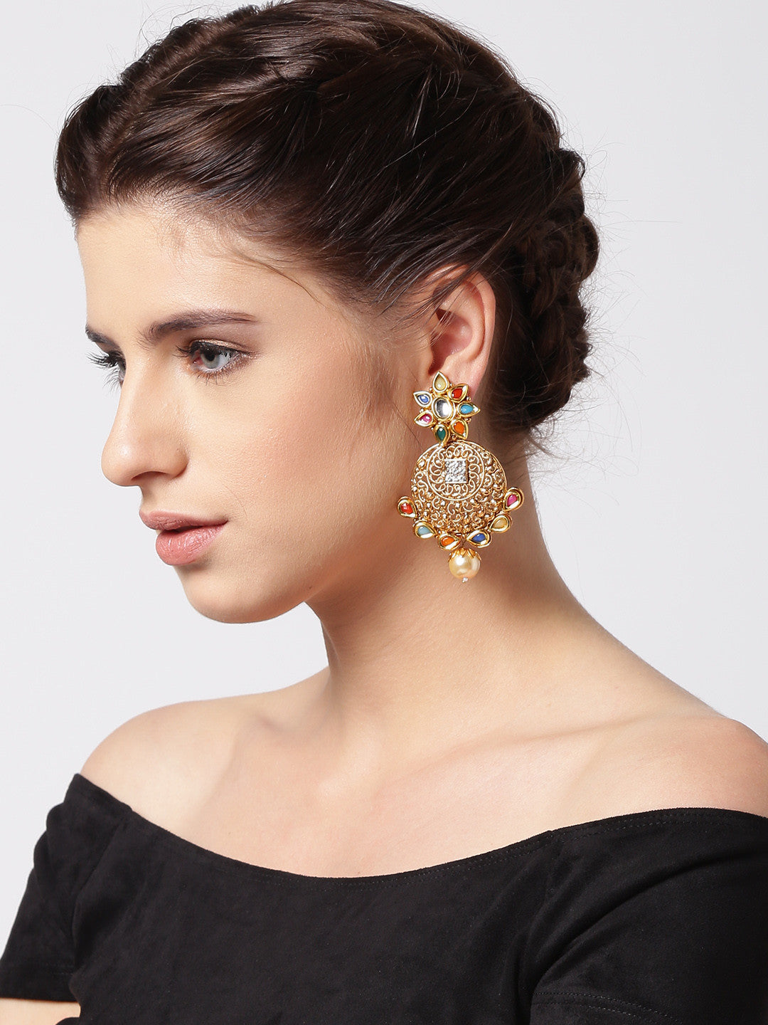 Multicoloured Gold-Plated Kundan Stone-Studded Antique Drop Earrings