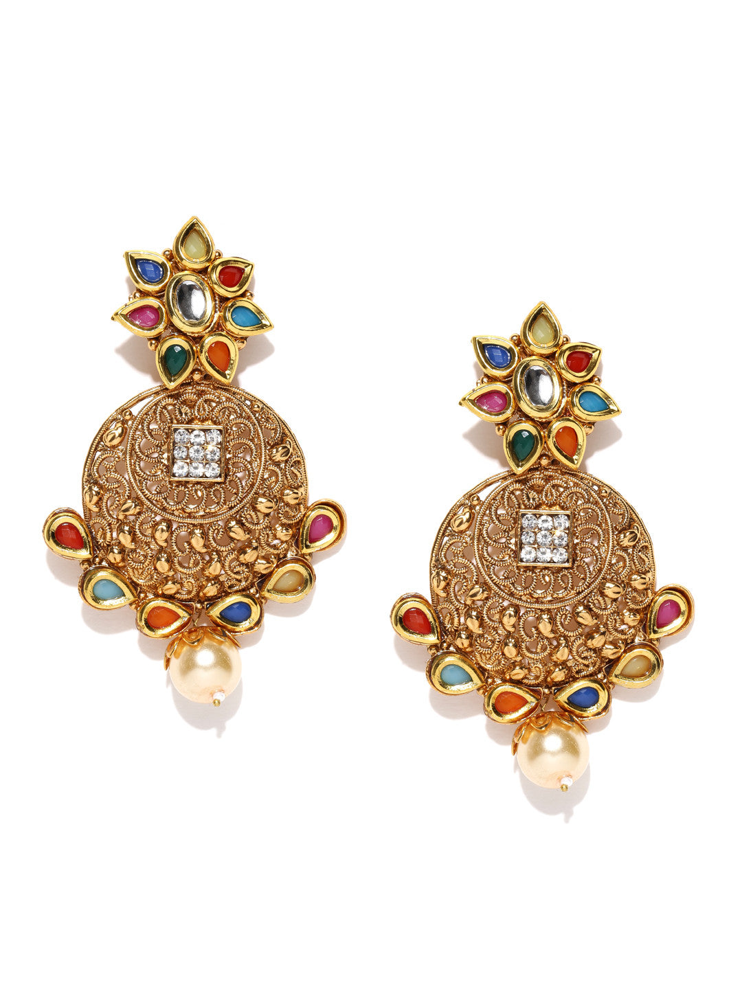 Multicoloured Gold-Plated Kundan Stone-Studded Antique Drop Earrings