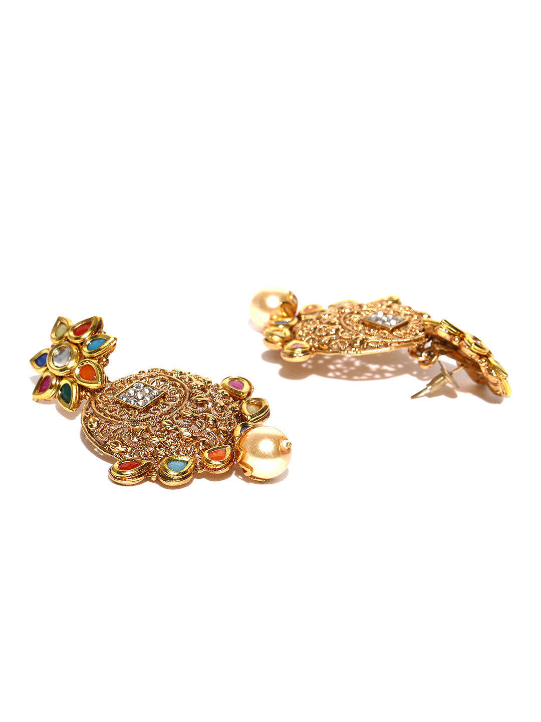 Multicoloured Gold-Plated Kundan Stone-Studded Antique Drop Earrings