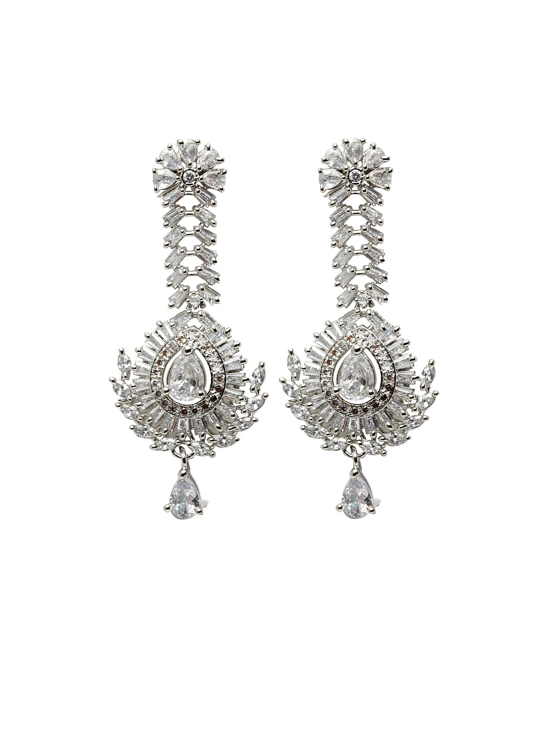Silver-Plated American Diamond Studded Drop Earrings