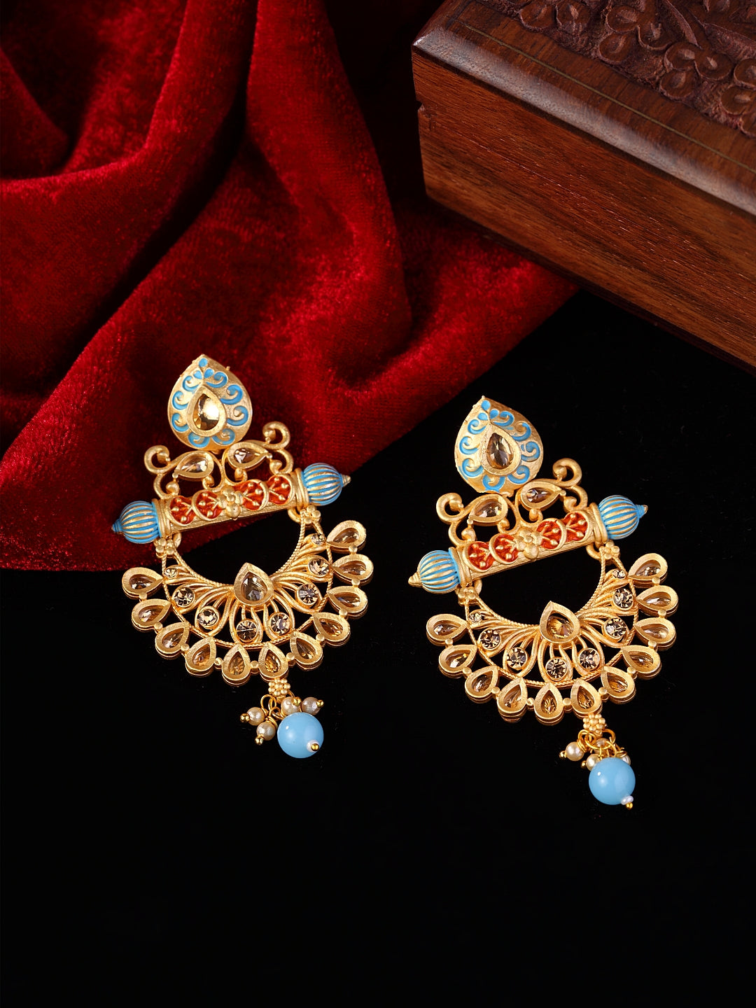 Gold-Plated & Blue Contemporary Chandbalis Earrings