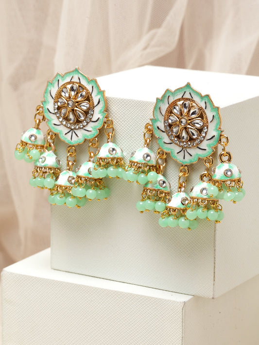 Gold-Toned & Green Contemporary Drop Earrings