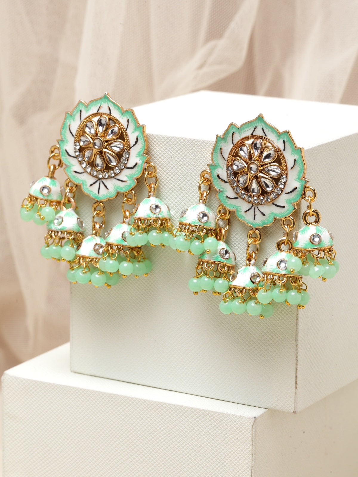 Gold-Toned & Green Contemporary Drop Earrings