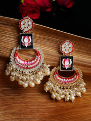 Gold-Plated Mirror Work Red Meenakari Pearl Chandbali Earrings