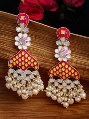 Gold-Plated Mirror Work Meenakari Floral Drop Earrings