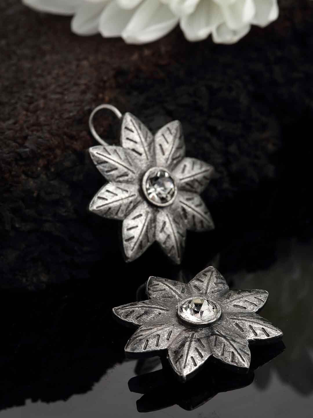 Oxidized Silver-Toned Floral Shaped Drop Earrings