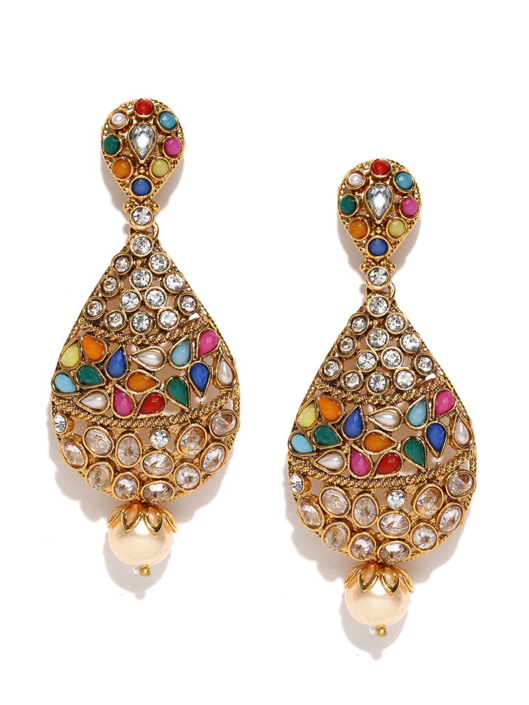 Multicoloured Gold-Plated Stone-Studded Antique Drop Earrings