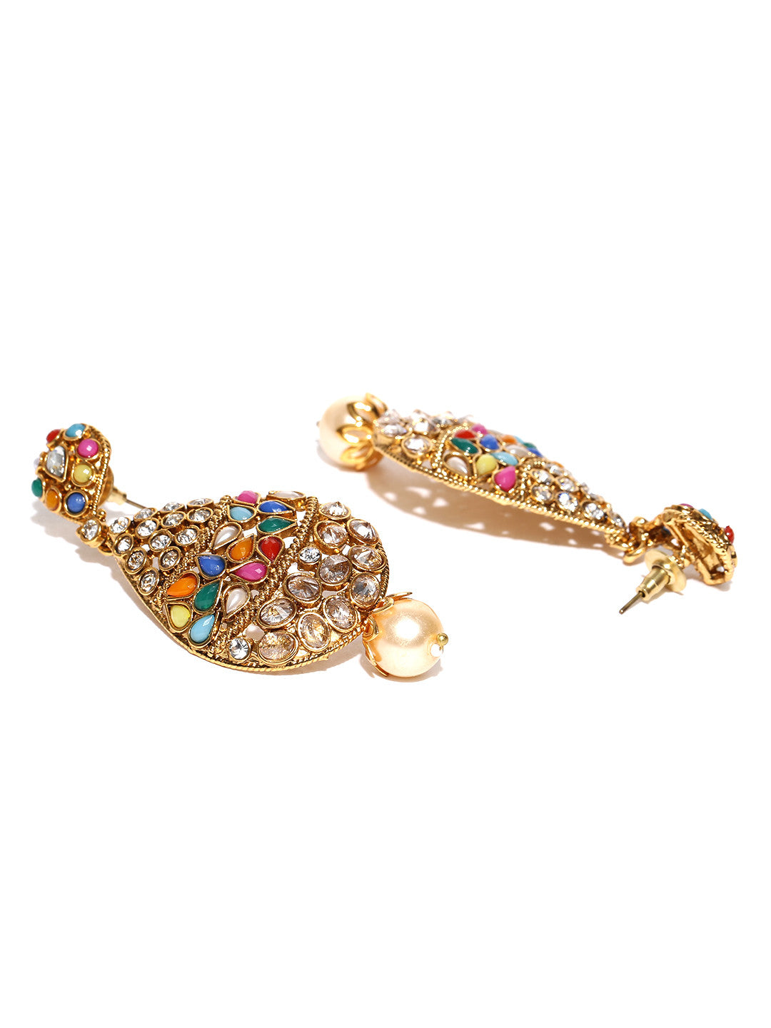 Multicoloured Gold-Plated Stone-Studded Antique Drop Earrings