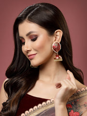 Maroon & Gold-Plated Dome Shaped Kundan Stone Jhumkas Earrings