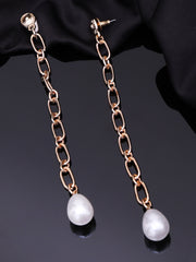 Gold-Plated White Beaded Contemporary Drop Earrings