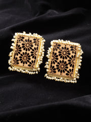 Brown & White Gold-Plated Beaded Square Handcrafted Wooden Drop Earrings