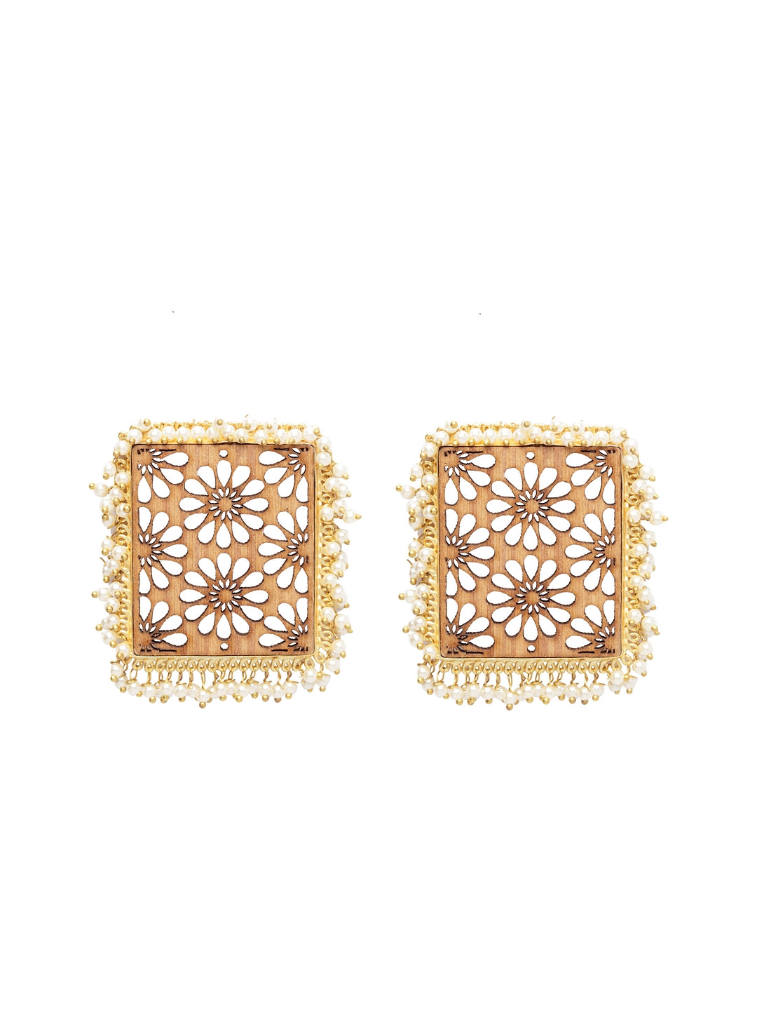 Brown & White Gold-Plated Beaded Square Handcrafted Wooden Drop Earrings