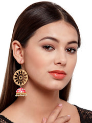 Brown & Red Gold-Plated Beaded Meenakari Dome Shaped Jhumkas