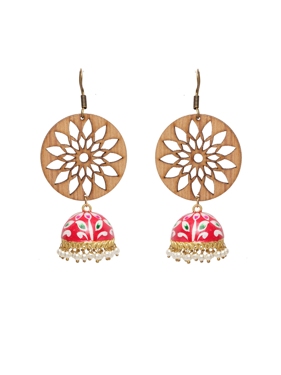 Brown & Red Gold-Plated Beaded Meenakari Dome Shaped Jhumkas