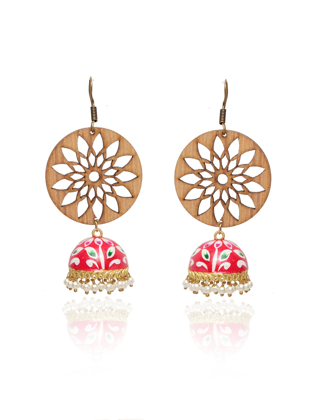 Brown & Red Gold-Plated Beaded Meenakari Dome Shaped Jhumkas