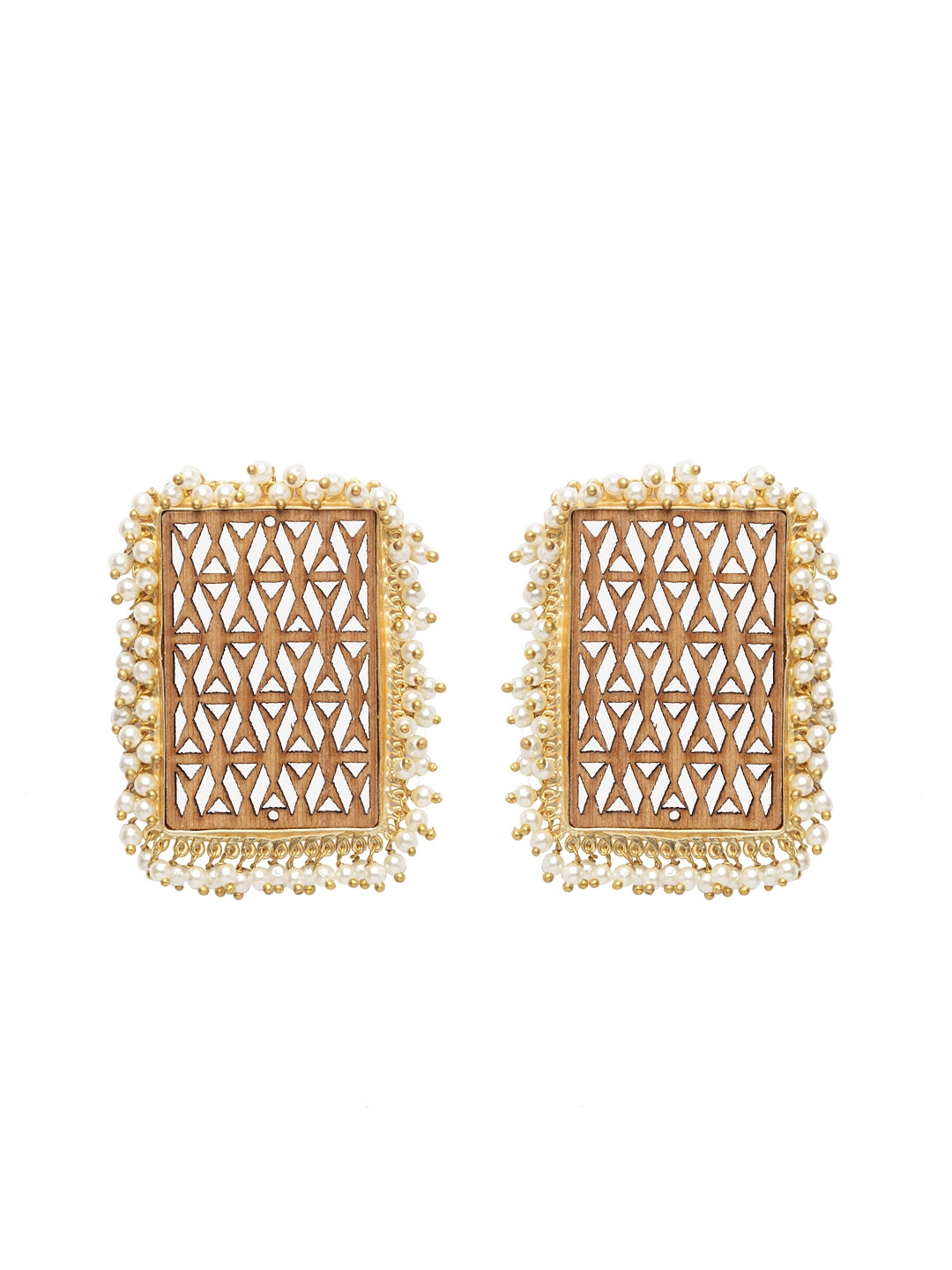 Brown & White Gold-Plated Beaded Square Handcrafted Wooden Drop Earrings