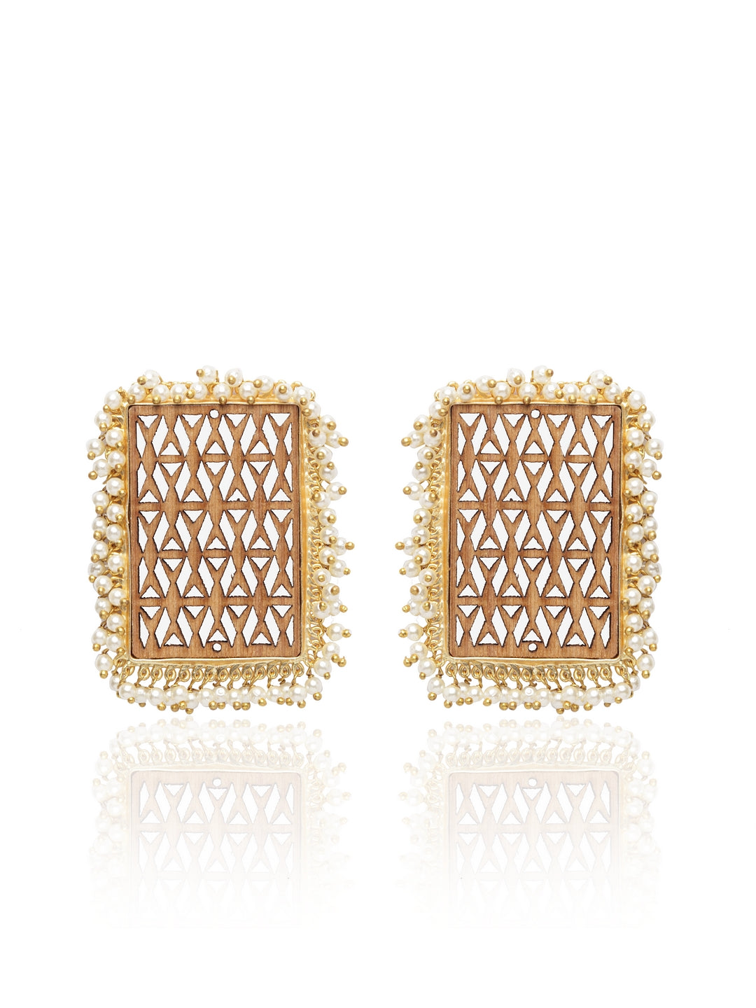 Brown & White Gold-Plated Beaded Square Handcrafted Wooden Drop Earrings