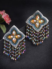 Multicoloured Stone Studded Floral Drop Earrings