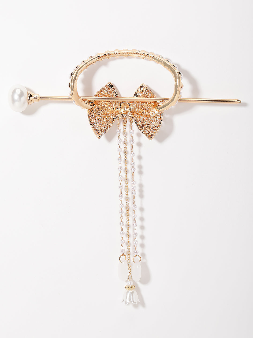 Women Gold-Plated Pearl Studded Bow Shaped Hairstick