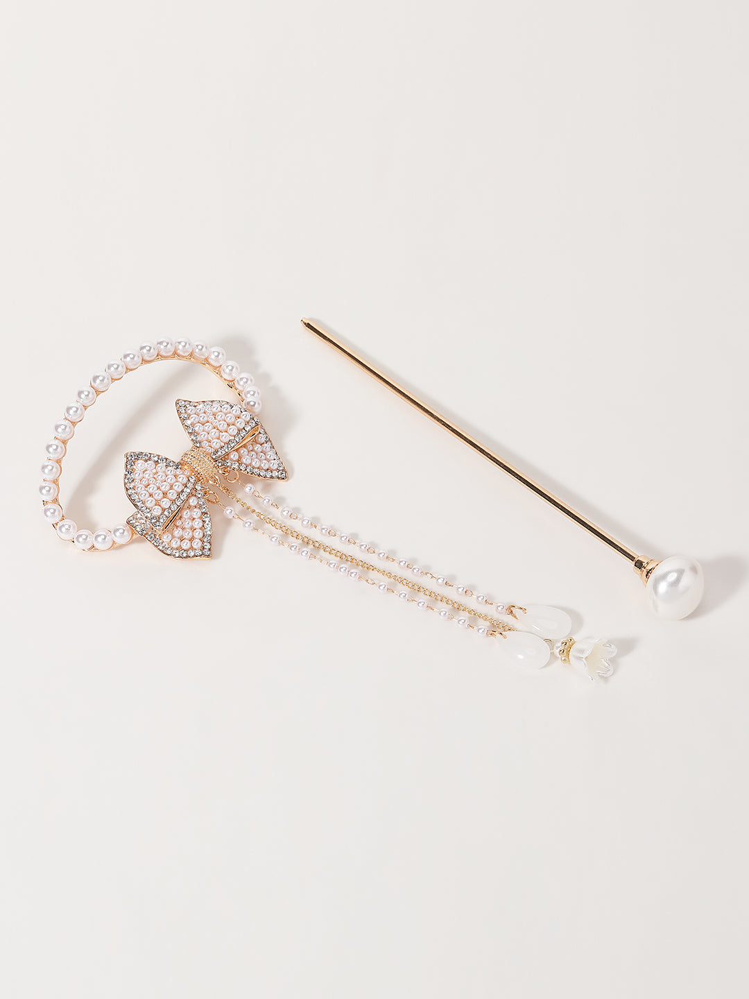 Women Gold-Plated Pearl Studded Bow Shaped Hairstick