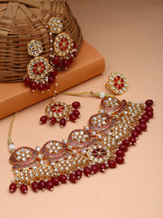 Gold-Plated Kundan Stone-Studded & Pearl Beaded Jewellery Set