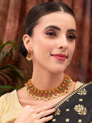 Gold-Plated Stones-Studded & Beaded Temple Jewellery Set