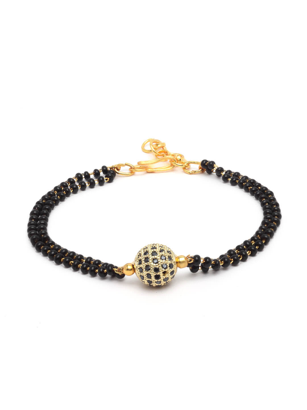 Gold-Plated Black Stone-Studded & Beaded Hand Mangalsutra