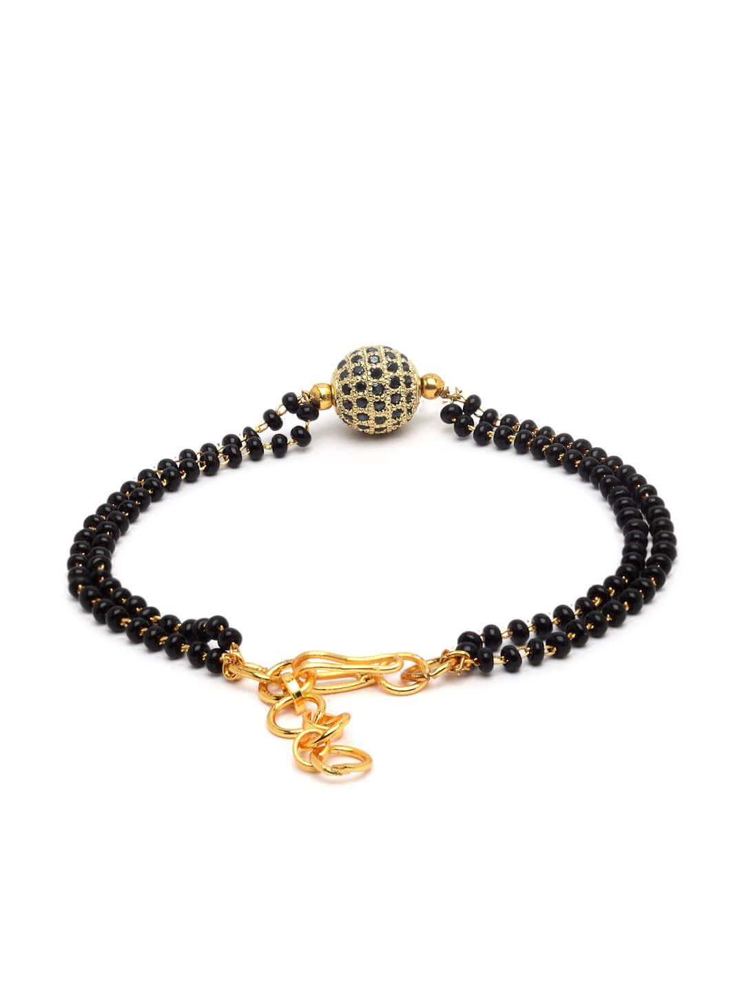 Gold-Plated Black Stone-Studded & Beaded Hand Mangalsutra