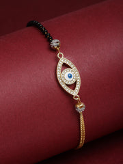 Gold-Plated White CZ-Studded & Black Beaded Evil-Eye-Charm Hand Mangalsutra